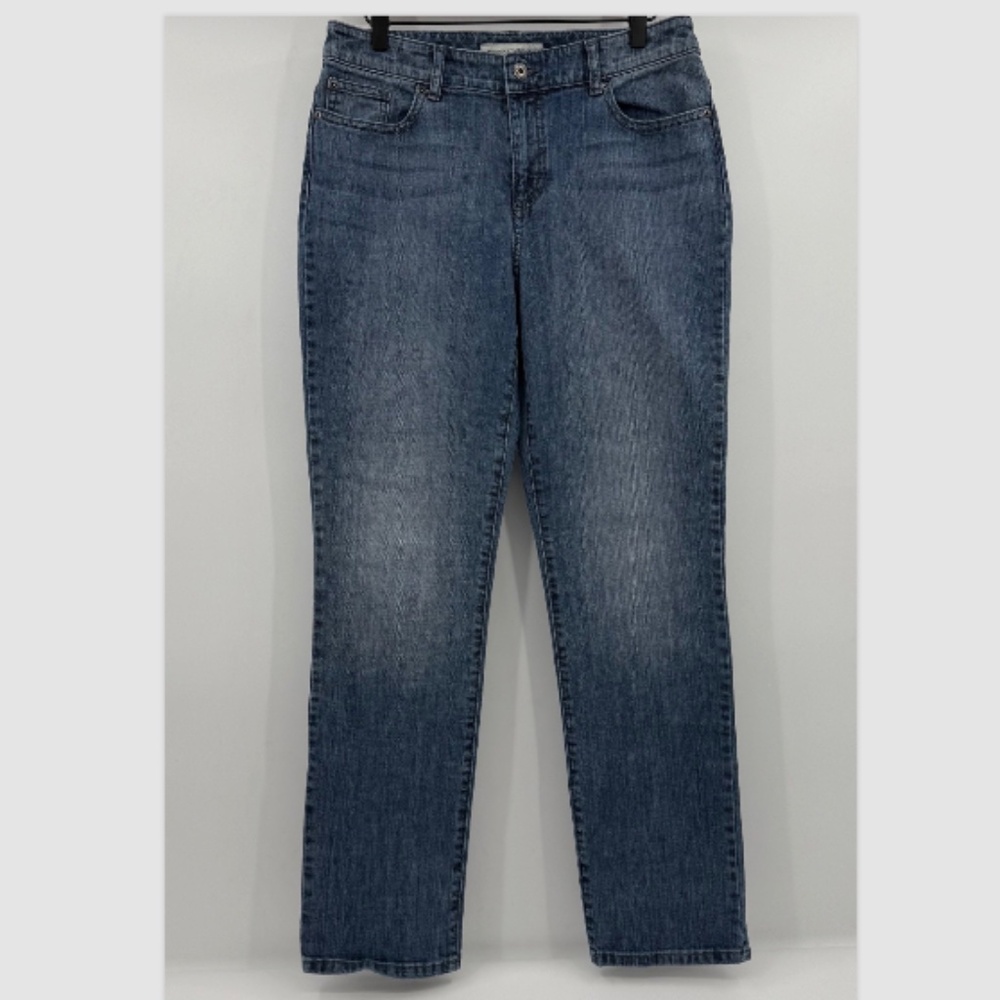 Chicos Platinum Denim Jeans Women 31 Medium Blue Straight Leg Mid Rise Stretch